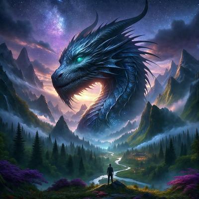 Primary subject: A man standing in front of a large dragon.

Setting/background: A forest with mountains in the background.

Visual style: Digital art.

Colors and mood: The image is in color, with a vibrant and lively atmosphere.